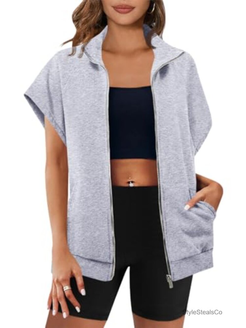 Oversized Sleeveless Zip-Up Fleece Sweatshirt with Pockets